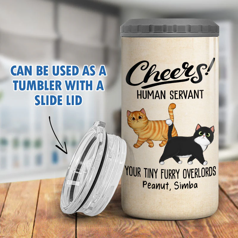 Cheers Human Servant Walking Fluffy Cat Funny Gift For Cat Lovers Personalized 4 In 1 Can Cooler - Image 9