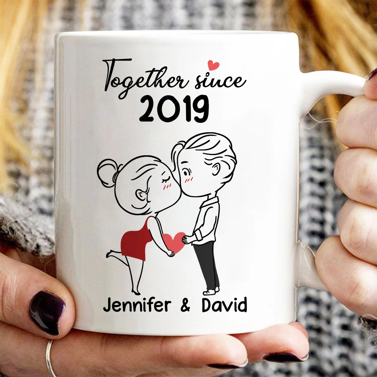 Chibi Couple Kissing Outline Personalized Mug - Gift For Him Gift For Her - Image 2