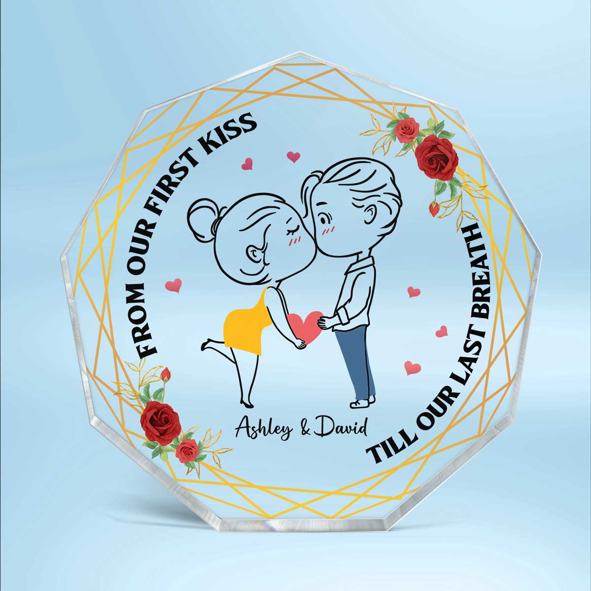Chibi Couple Kissing Outline Personalized Nonagon Acrylic Plaque - Gift For Him Gift For Her - Image 2