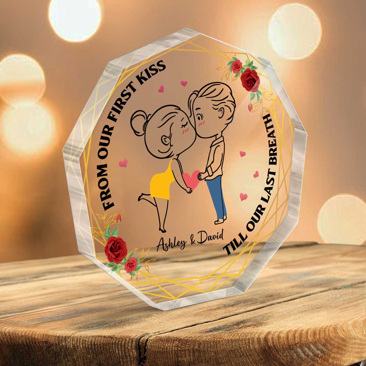 Chibi Couple Kissing Outline Personalized Nonagon Acrylic Plaque - Gift For Him Gift For Her - Image 3