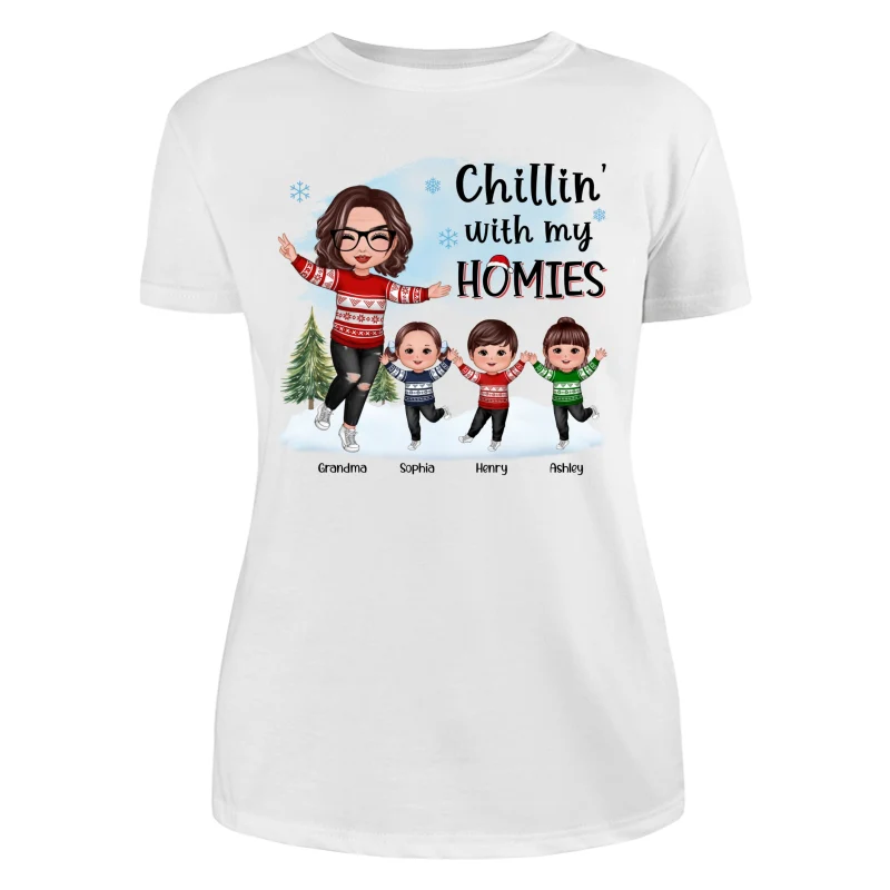 Chillin‘ With My Homies Happy Grandma & Grandkids Playing In Snow Personalized Shirt - Image 9
