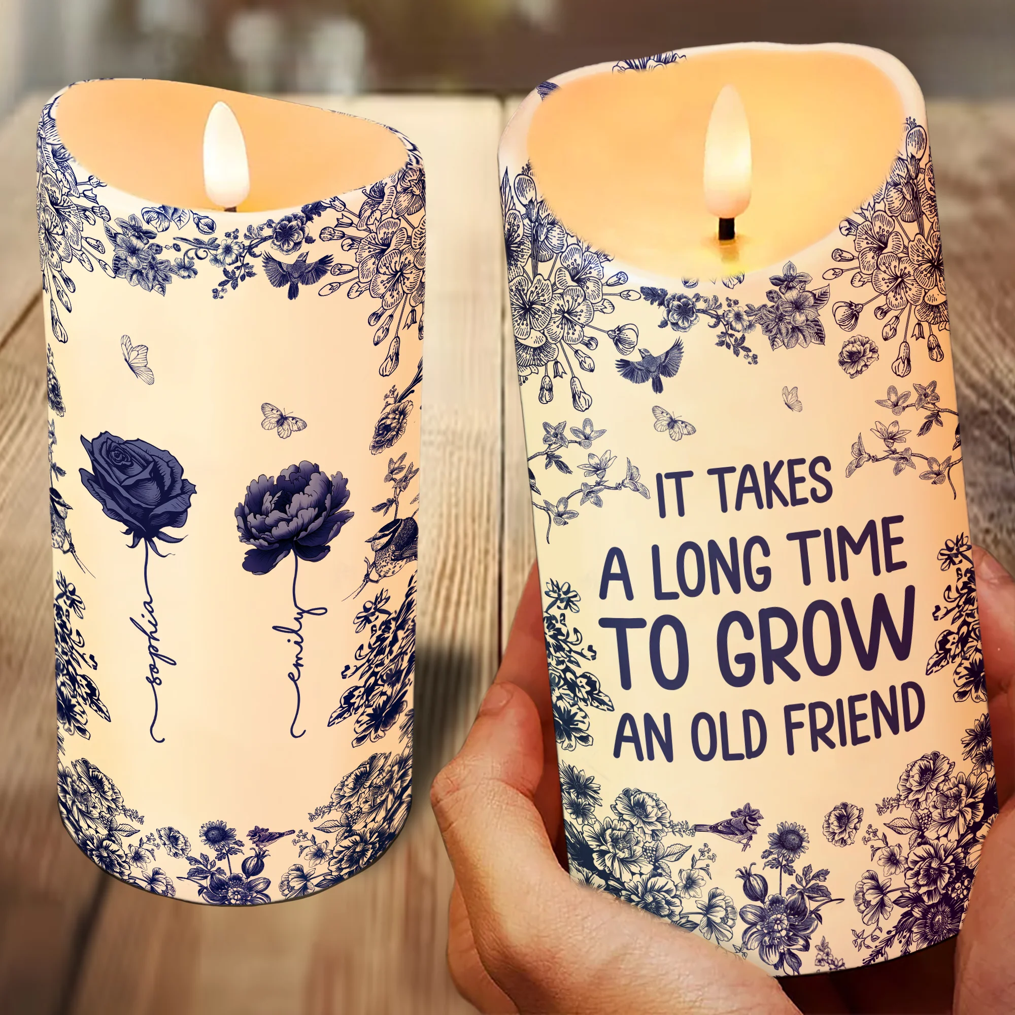 Chinoiserie Besties It Takes A Long Time To Grow Old Friends Personalized LED Candle - Image 3