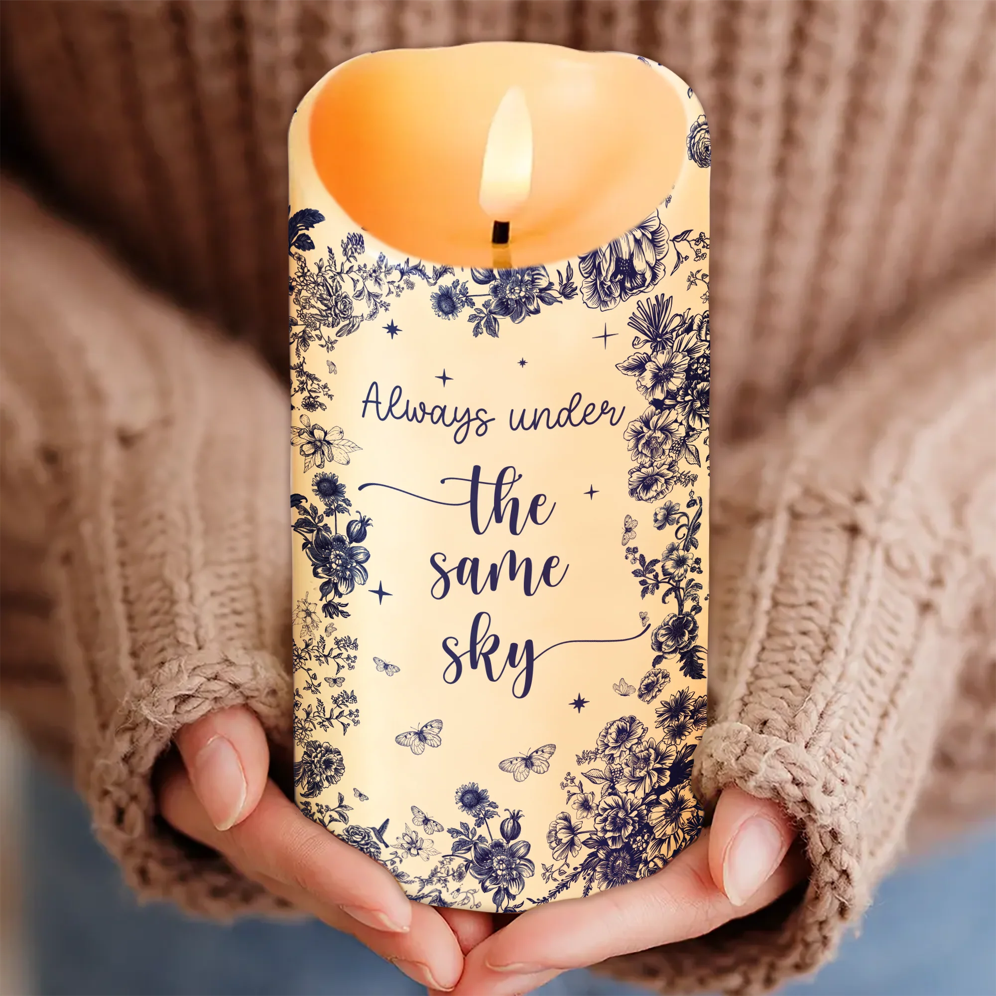Chinoiserie Pattern Long Distance Besties Always Under The Same Sky Personalized LED Candle - Image 3