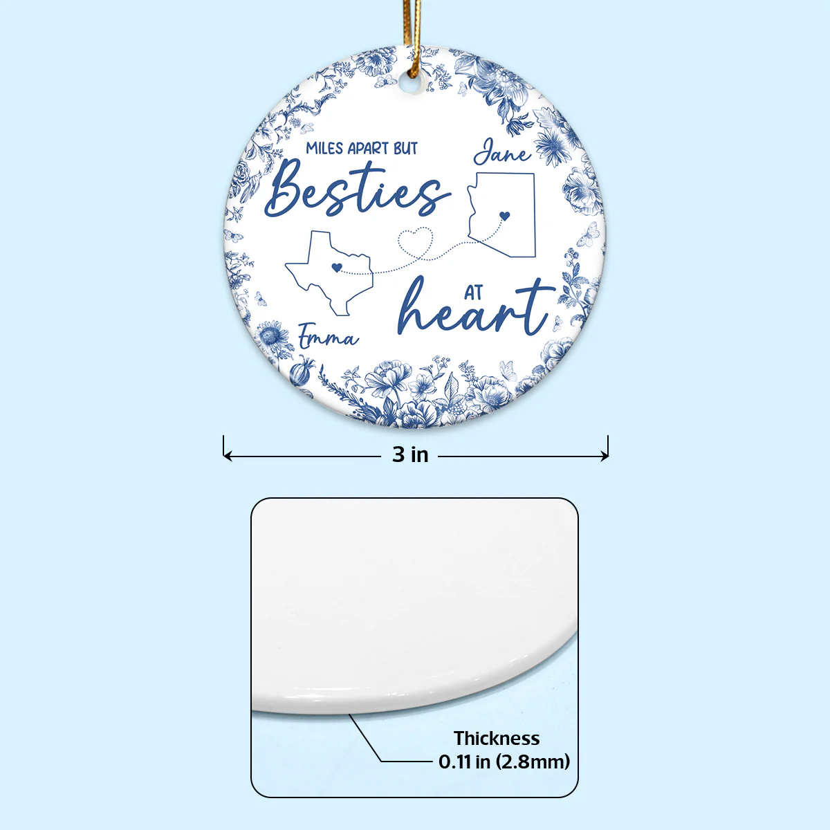 Chinoiserie Pattern Long Distance Besties Personalized Ceramic Ornament - Image 2
