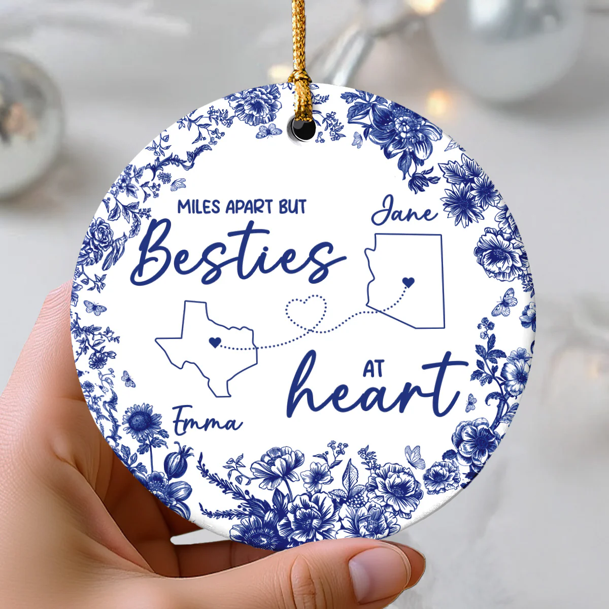 Chinoiserie Pattern Long Distance Besties Personalized Ceramic Ornament - Image 3