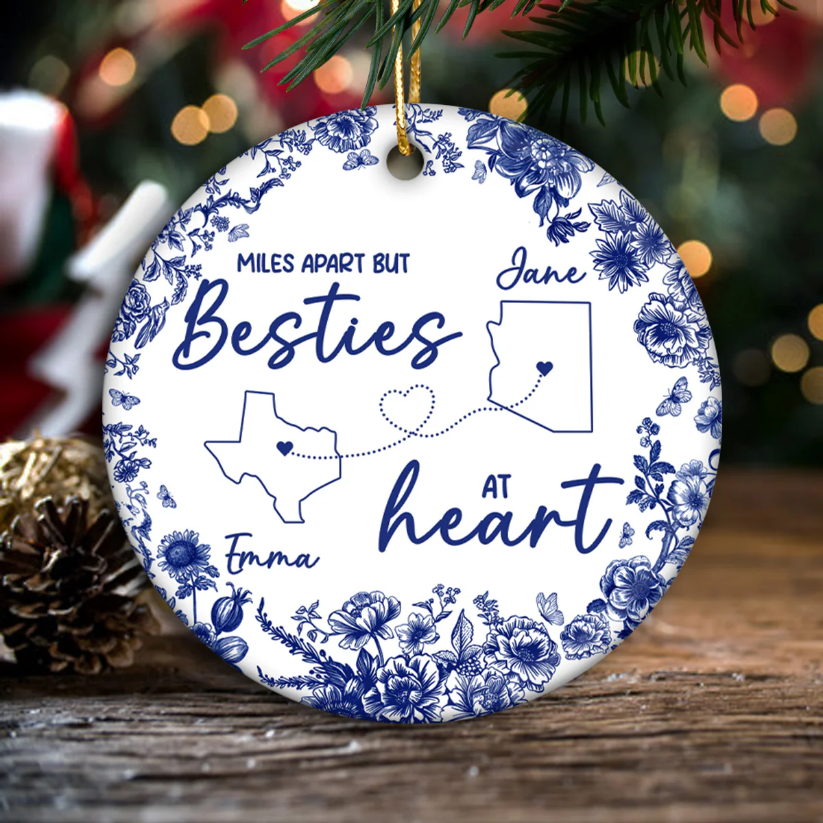 Chinoiserie Pattern Long Distance Besties Personalized Ceramic Ornament - Image 4