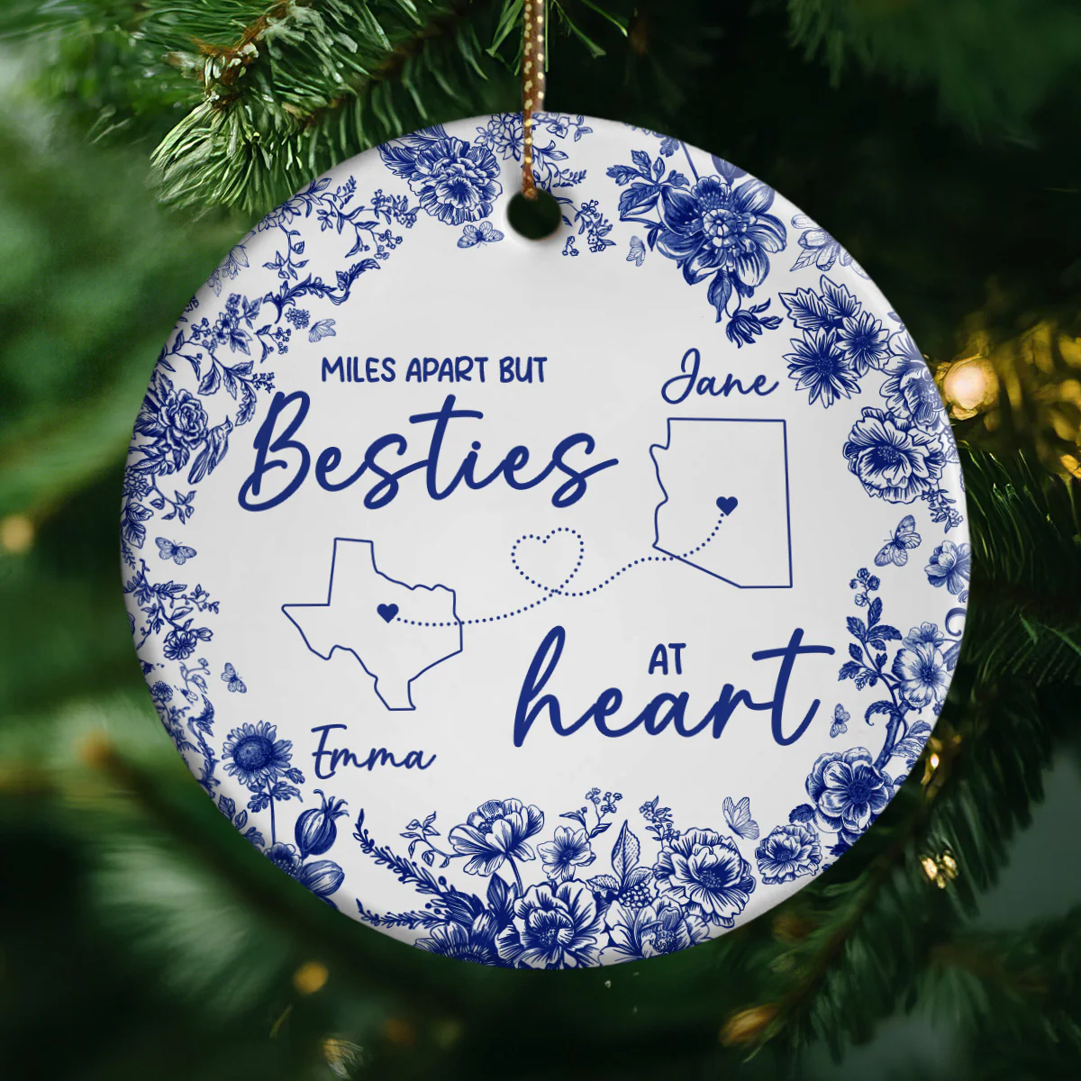 Chinoiserie Pattern Long Distance Besties Personalized Ceramic Ornament - Image 5