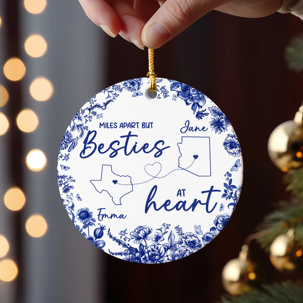 Chinoiserie Pattern Long Distance Besties Personalized Ceramic Ornament - Image 6