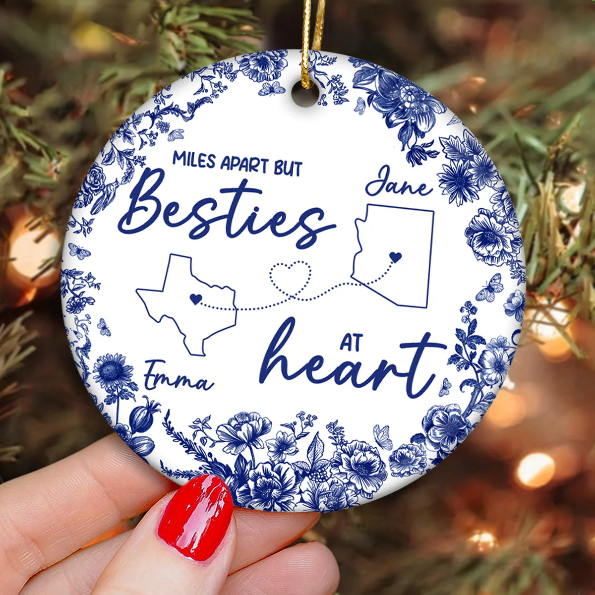 Chinoiserie Pattern Long Distance Besties State Map Personalized Ceramic Ornament - Image 3