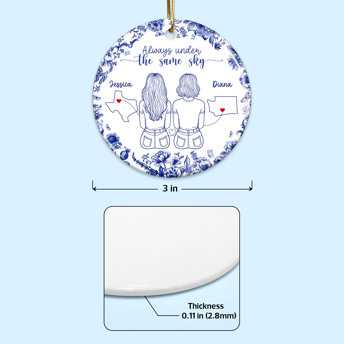 Chinoiserie Pattern Long Distance Besties State Map Personalized Ceramic Ornament - Image 6