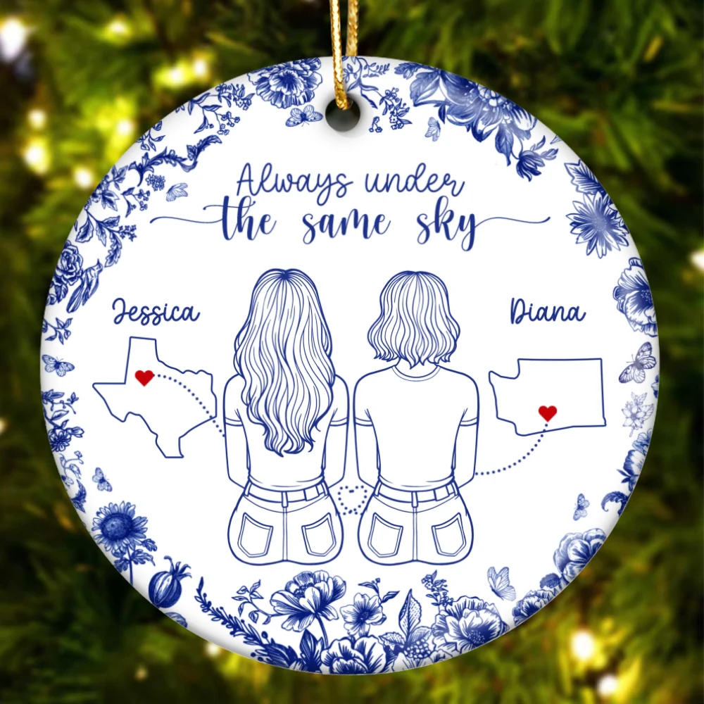 Chinoiserie Pattern Long Distance Besties State Map Personalized Ceramic Ornament - Image 8