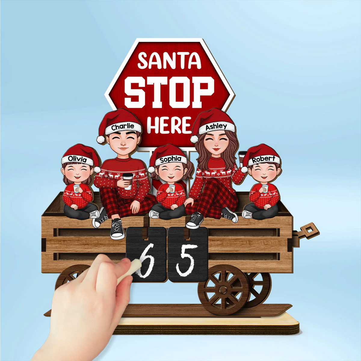 Christmas Wagon Santa Stop Here Family Sitting Personalized 2-Layer Standing Wooden Plaque - Image 2