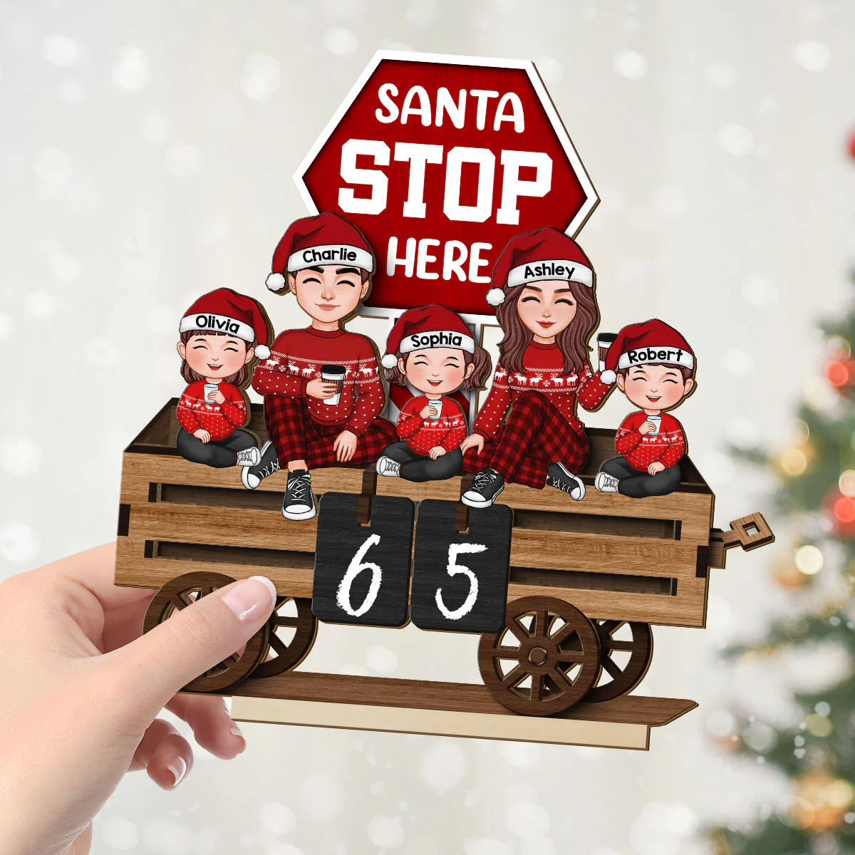 Christmas Wagon Santa Stop Here Family Sitting Personalized 2-Layer Standing Wooden Plaque - Image 4