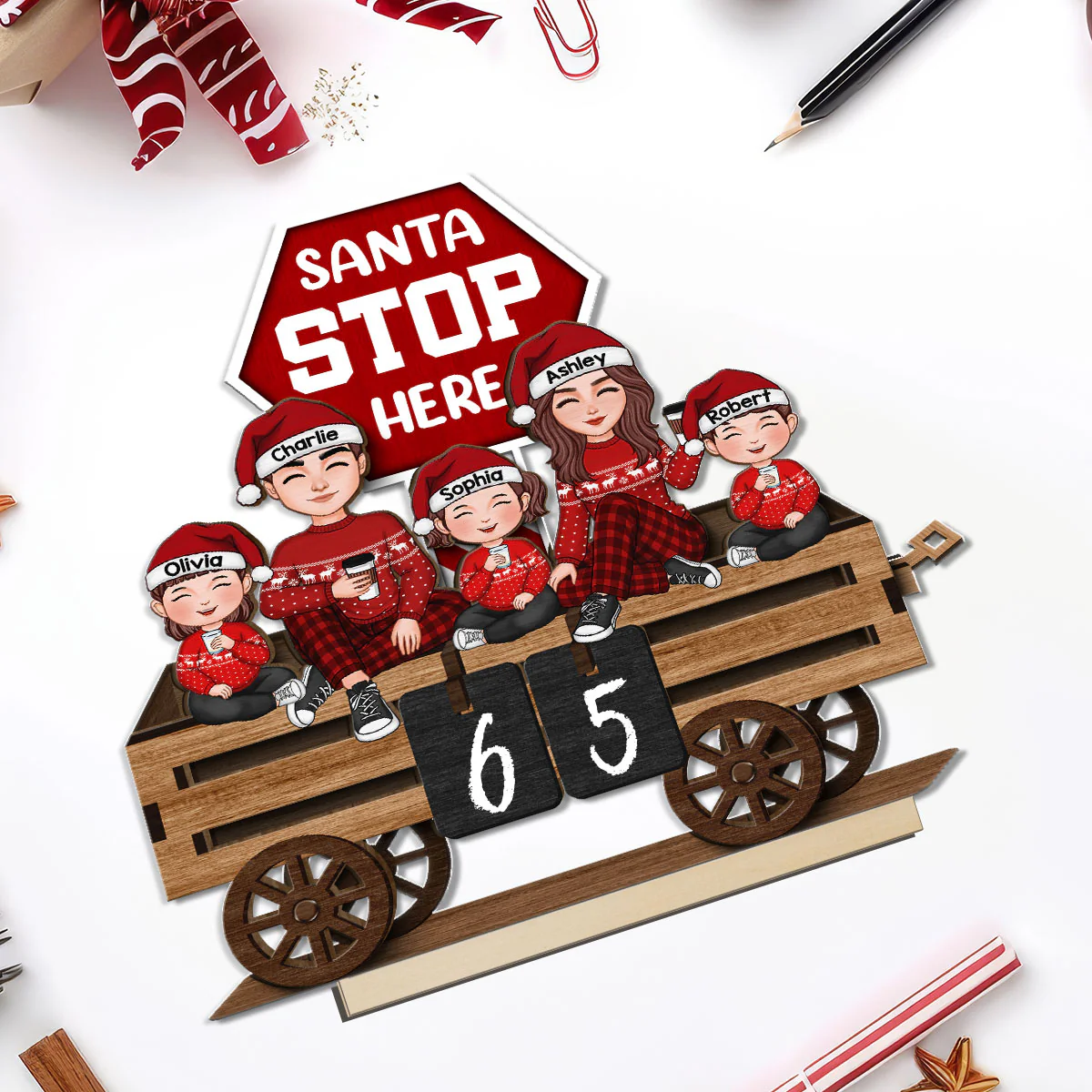 Christmas Wagon Santa Stop Here Family Sitting Personalized 2-Layer Standing Wooden Plaque - Image 5
