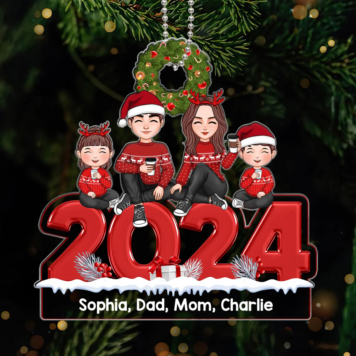 Christmas 2024 Cute Family Dad Mom Kids Dogs Cats Sitting Personalized Acrylic Ornament
