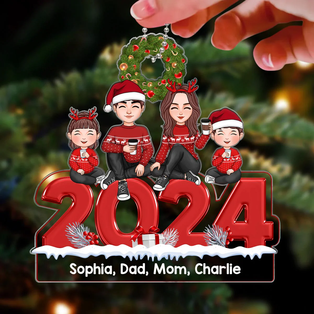 Christmas 2024 Cute Family Dad Mom Kids Dogs Cats Sitting Personalized Acrylic Ornament - Image 3