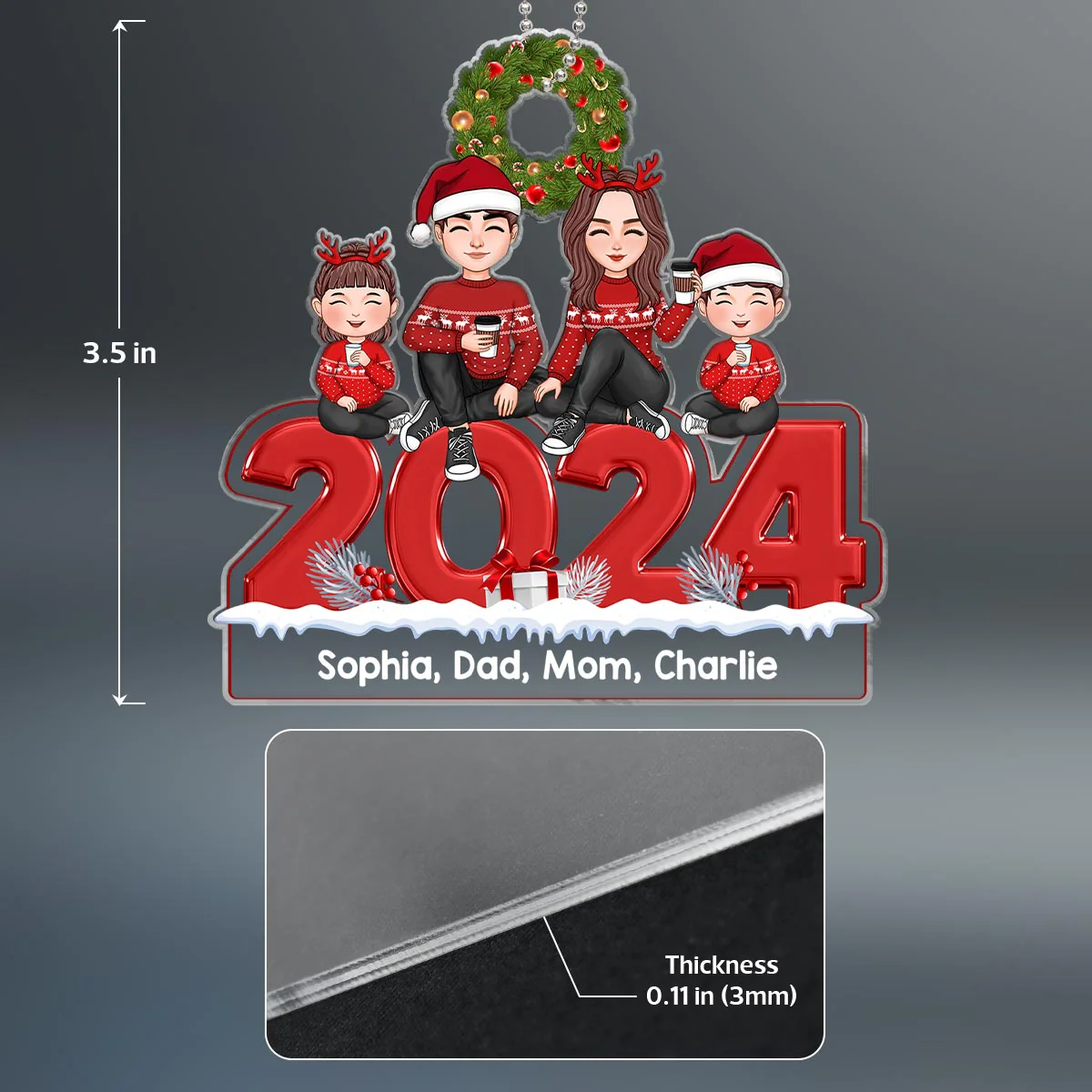 Christmas 2024 Cute Family Dad Mom Kids Dogs Cats Sitting Personalized Acrylic Ornament - Image 4