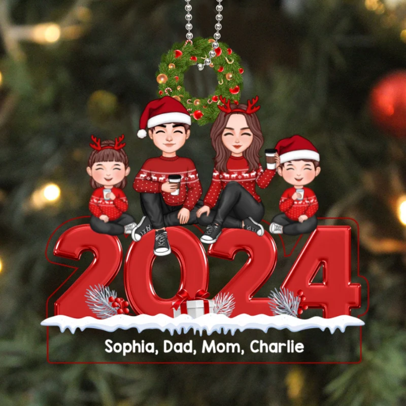 Christmas 2024 Cute Family Dad Mom Kids Dogs Cats Sitting Personalized Acrylic Ornament - Image 5