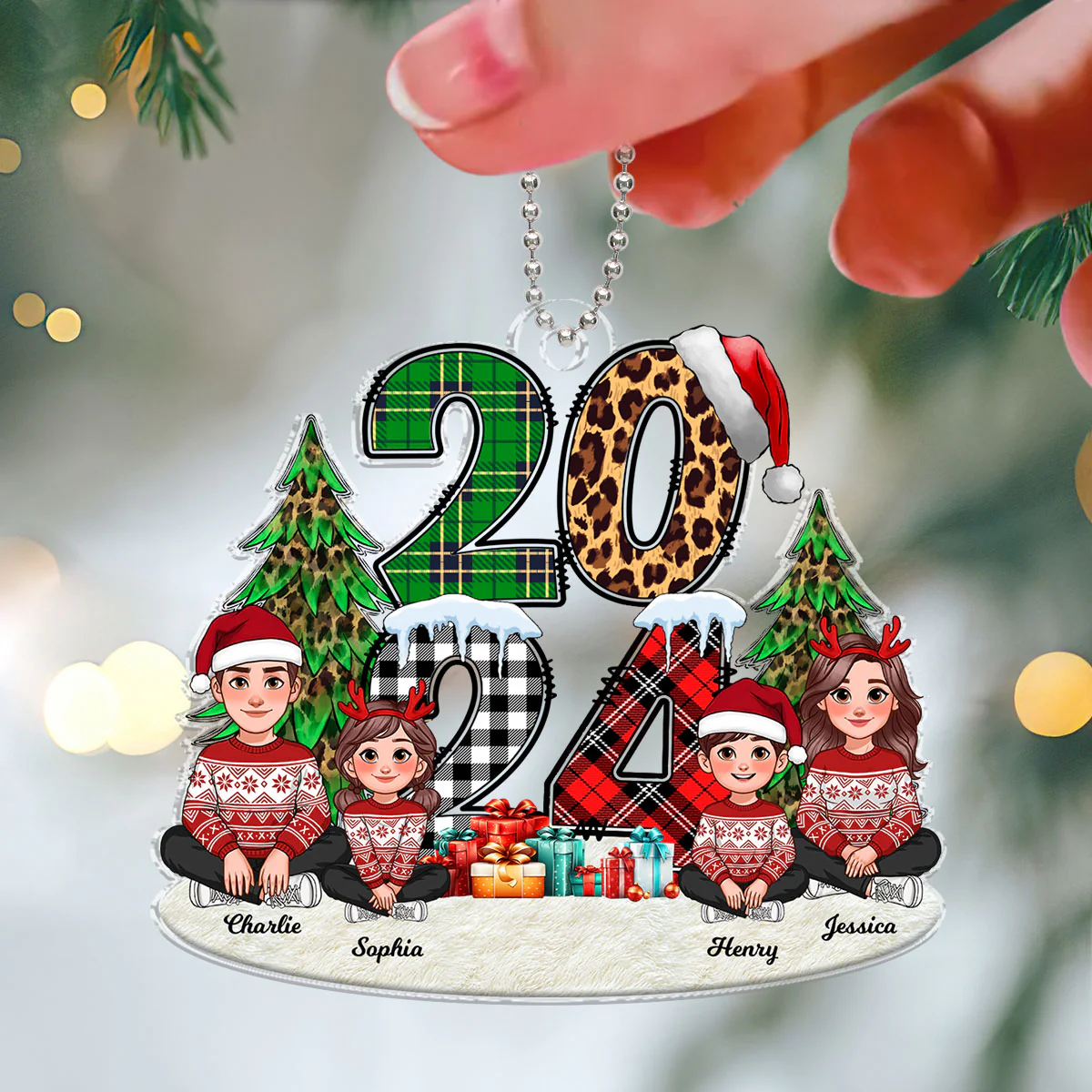 Christmas Animated Family Sitting 2024 Stacked Pattern Personalized Acrylic Ornament - Image 3