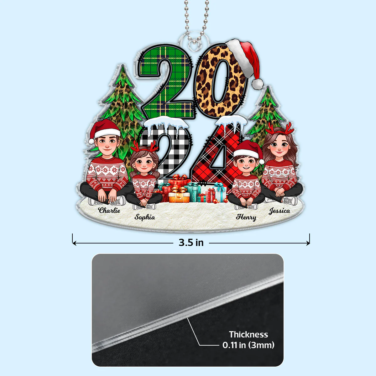 Christmas Animated Family Sitting 2024 Stacked Pattern Personalized Acrylic Ornament - Image 4