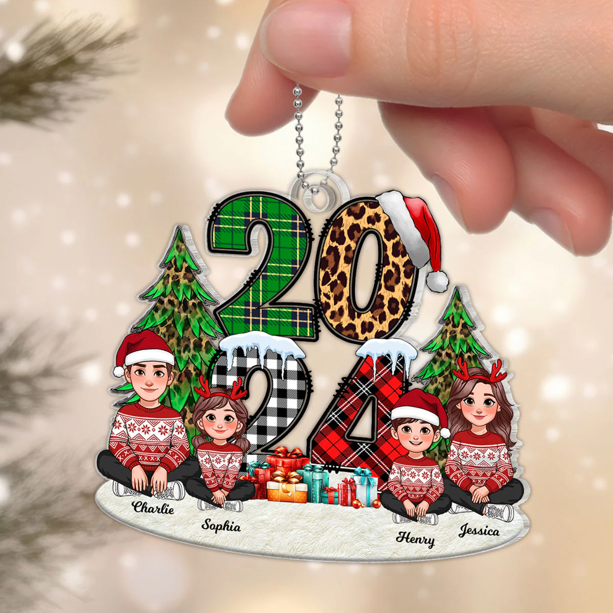 Christmas Animated Family Sitting 2024 Stacked Pattern Personalized Acrylic Ornament - Image 5