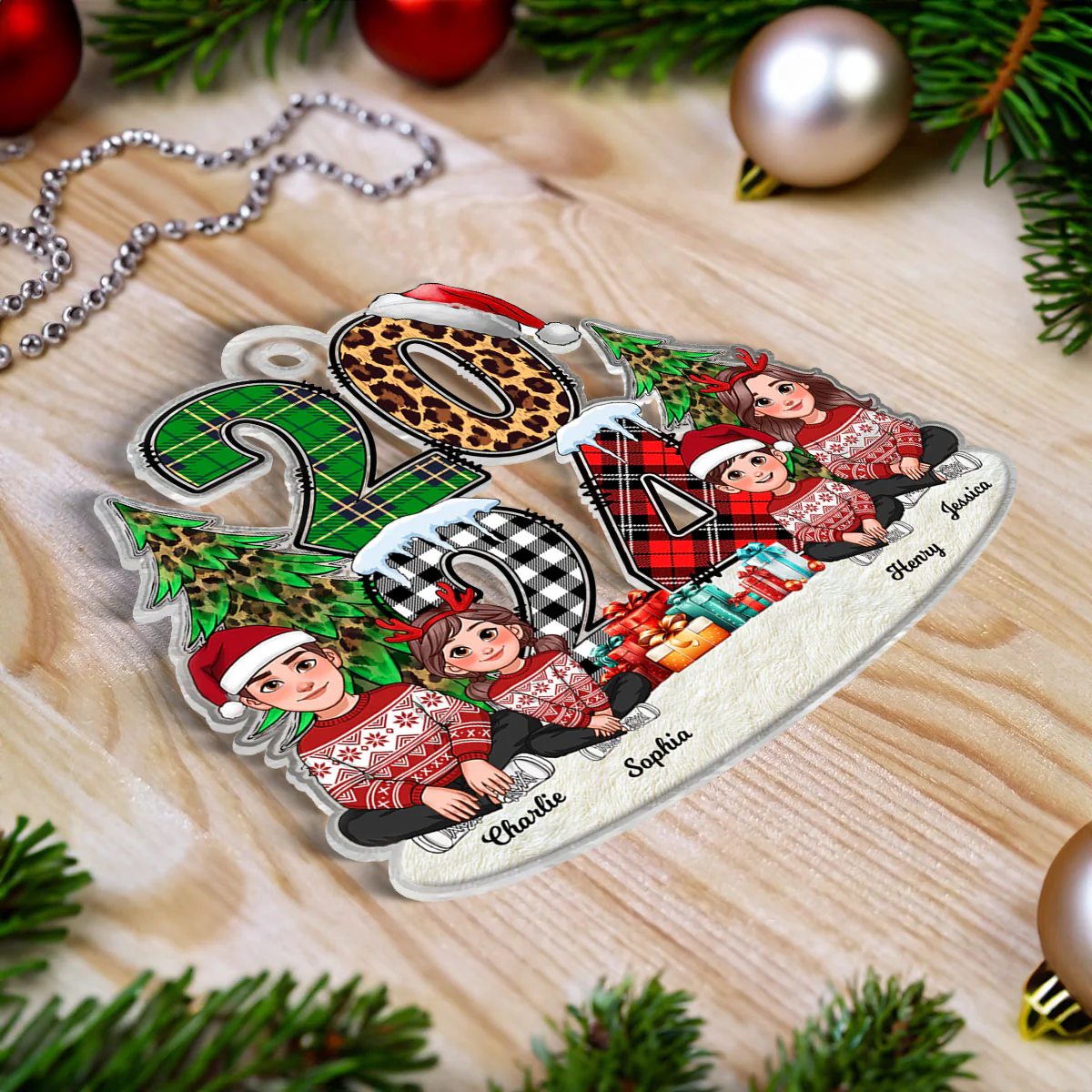 Christmas Animated Family Sitting 2024 Stacked Pattern Personalized Acrylic Ornament - Image 6