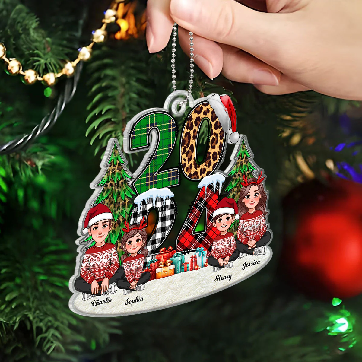 Christmas Animated Family Sitting 2024 Stacked Pattern Personalized Acrylic Ornament - Image 7
