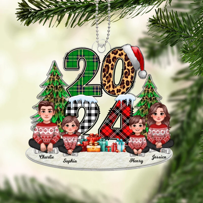 Christmas Animated Family Sitting 2024 Stacked Pattern Personalized Acrylic Ornament - Image 8