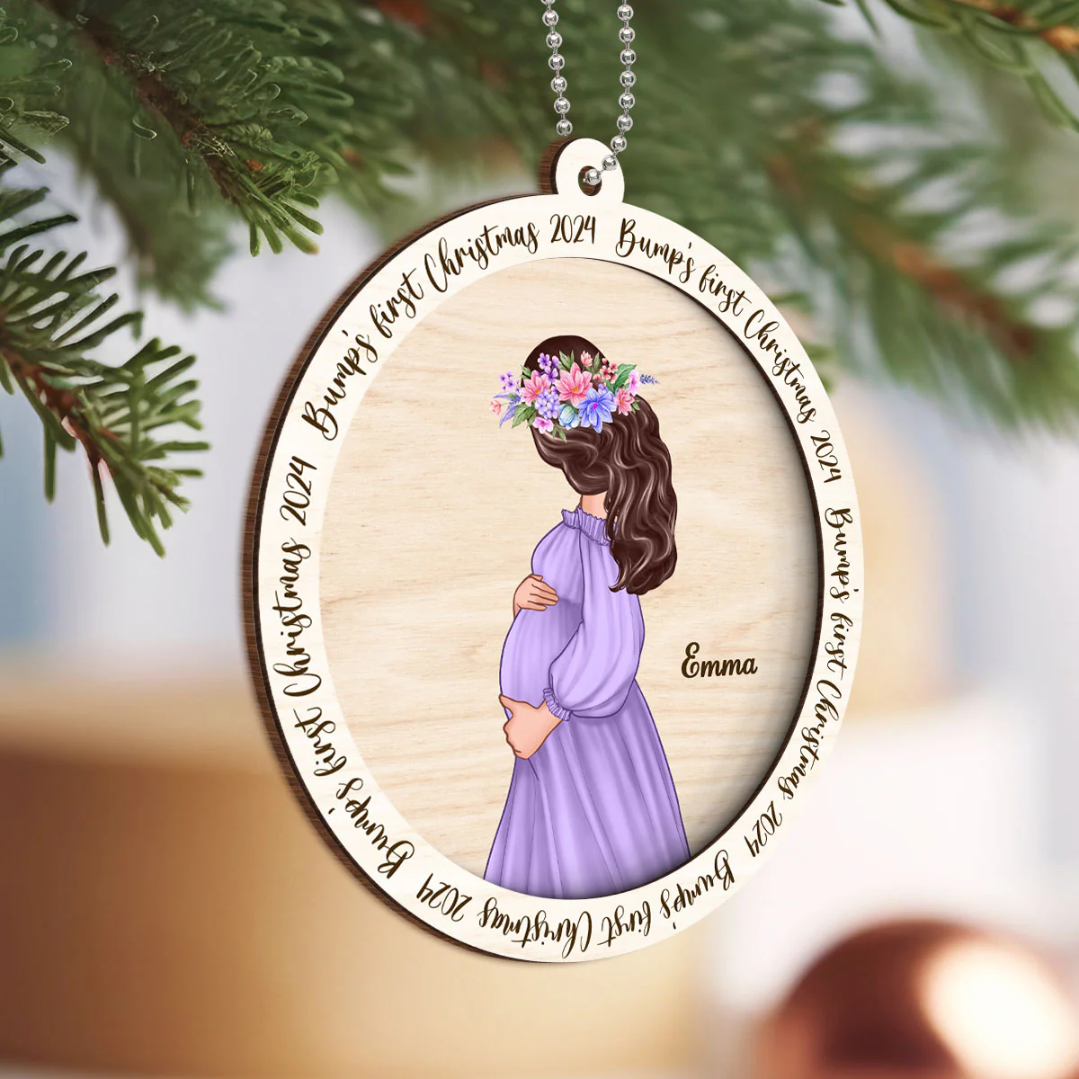 Christmas Baby Announcement, Baby Bump's First Christmas, Pregnant Christmas 2-Layer Wooden Ornament - Image 3