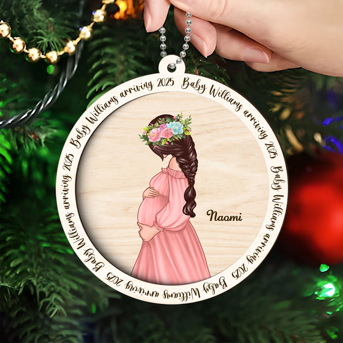 Christmas Baby Announcement, Baby Bump's First Christmas, Pregnant Christmas 2-Layer Wooden Ornament - Image 4