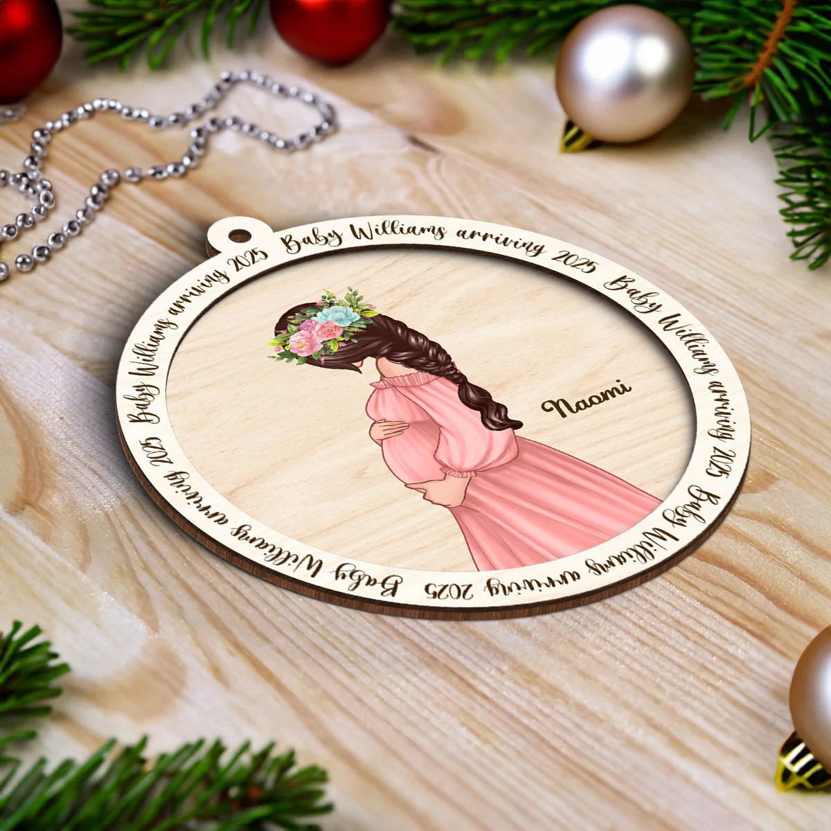Christmas Baby Announcement, Baby Bump's First Christmas, Pregnant Christmas 2-Layer Wooden Ornament - Image 5
