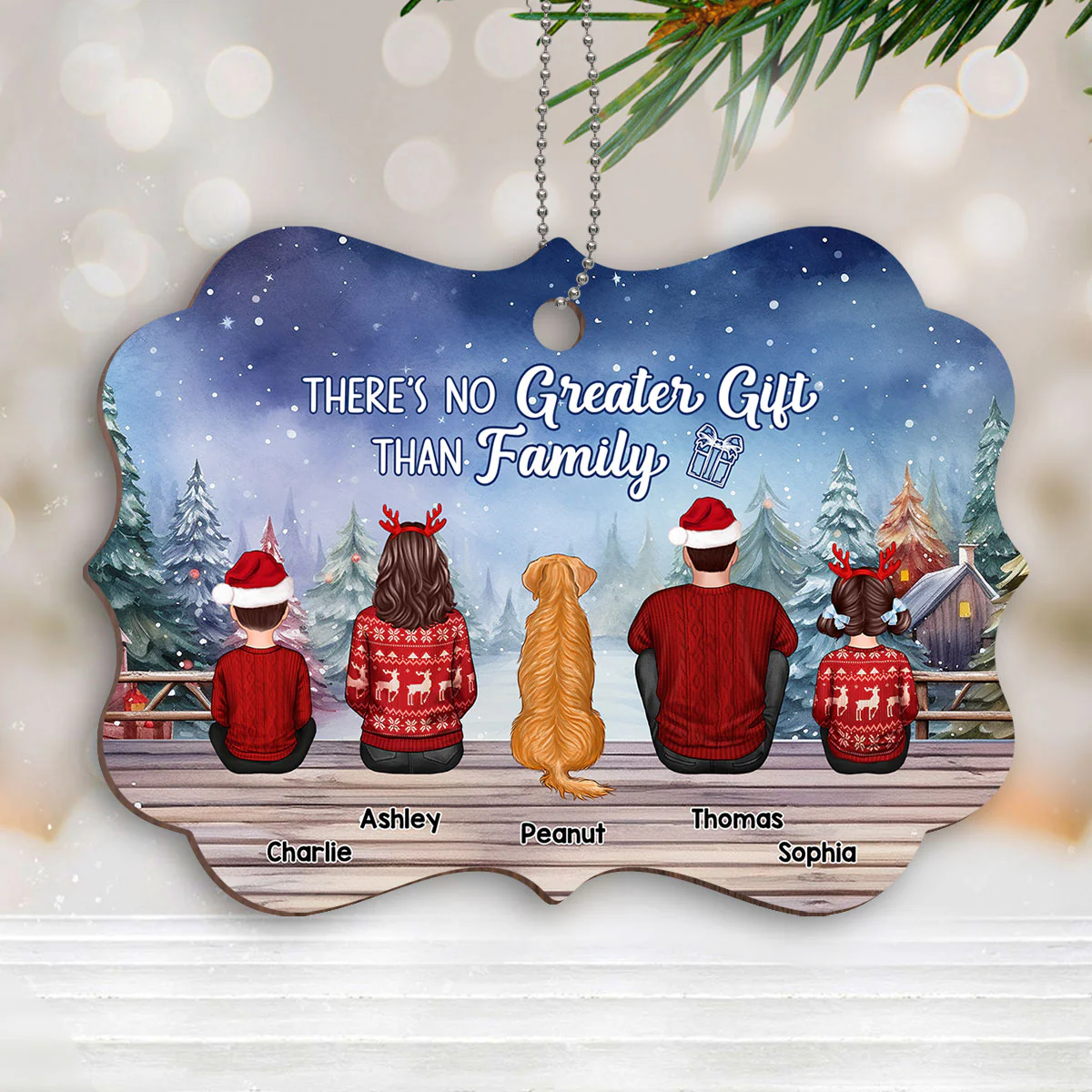 Christmas Background With Cozy Space Family Sitting Personalized Wooden Ornament - Image 2