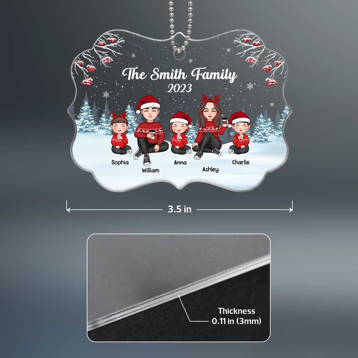 Christmas Berry Tree Cute Family Dad Mom Kids Dogs Cats Sitting In Snow Personalized Acrylic Ornament - Image 4