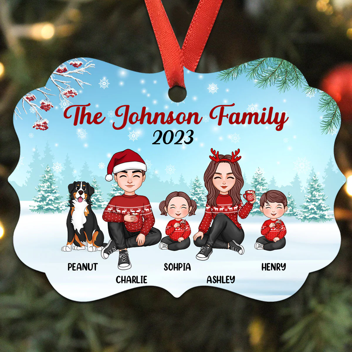 Christmas Berry Tree Cute Family Dad Mom Kids Dogs Cats Sitting In Snow Personalized Christmas Ornament - Image 2