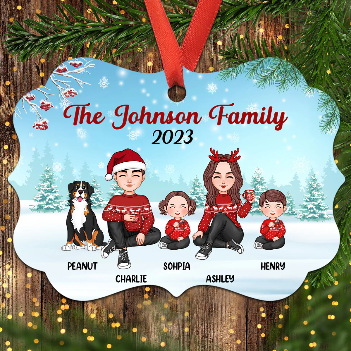 Christmas Berry Tree Cute Family Dad Mom Kids Dogs Cats Sitting In Snow Personalized Christmas Ornament - Image 3