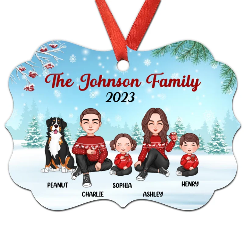 Christmas Berry Tree Cute Family Dad Mom Kids Dogs Cats Sitting In Snow Personalized Christmas Ornament - Image 4