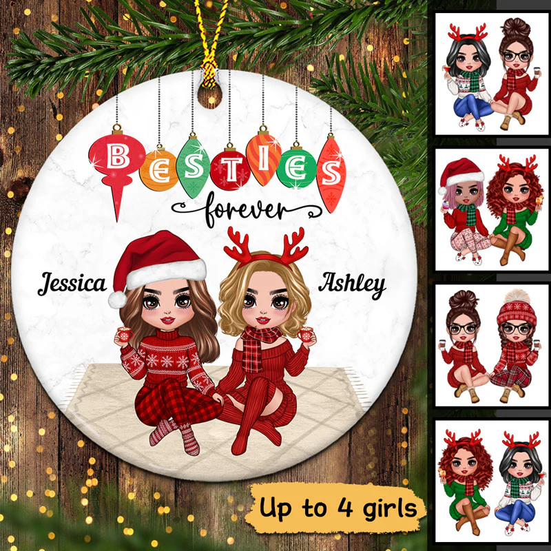 Christmas Best Friends Sisters Sitting Bauble Personalized Circle Ornament - Image 2