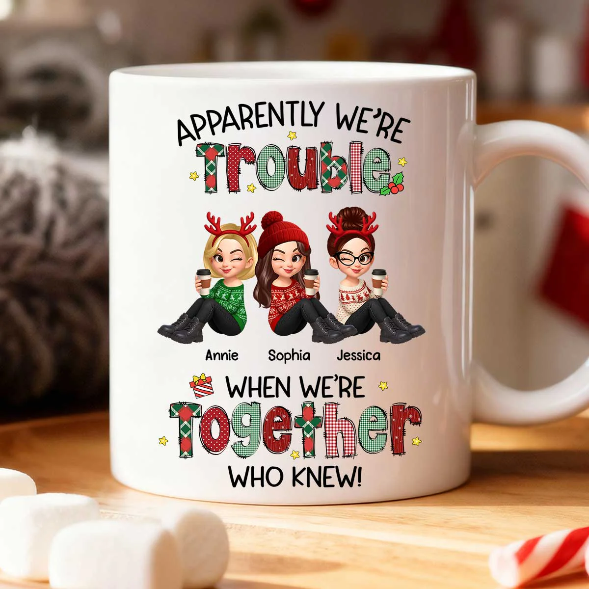 Christmas Besties Apparently We're Trouble When We're Together - Personalized Mug - Image 2