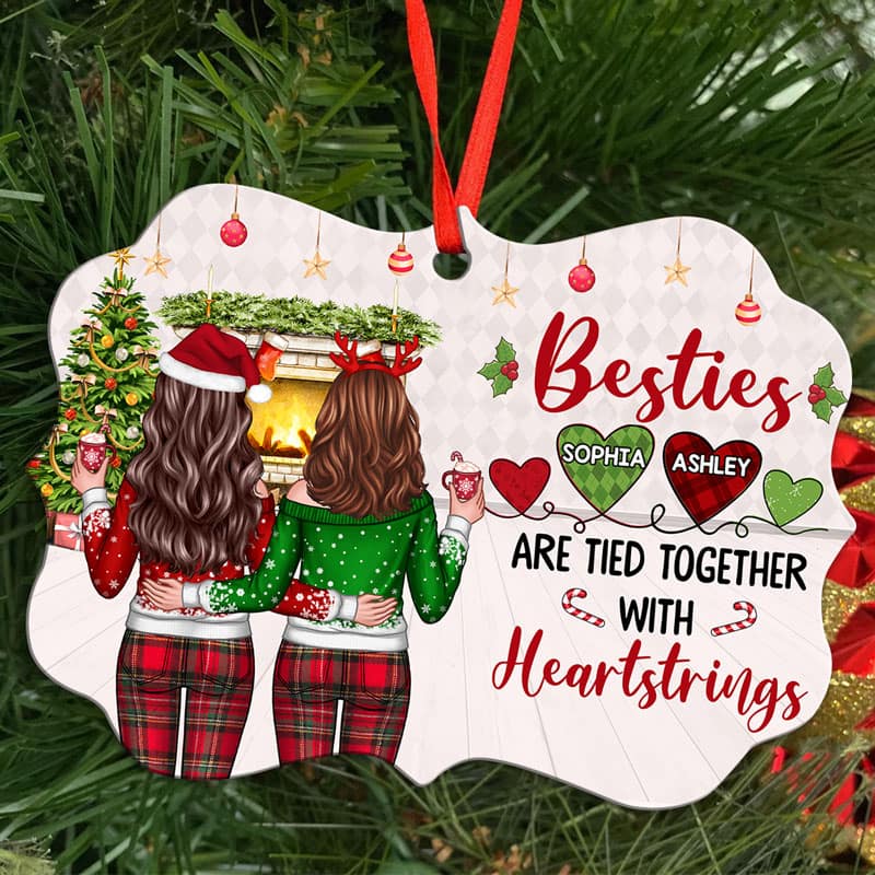 Christmas Besties Back View Tied With Heartstrings Personalized Christmas Ornament - Image 2