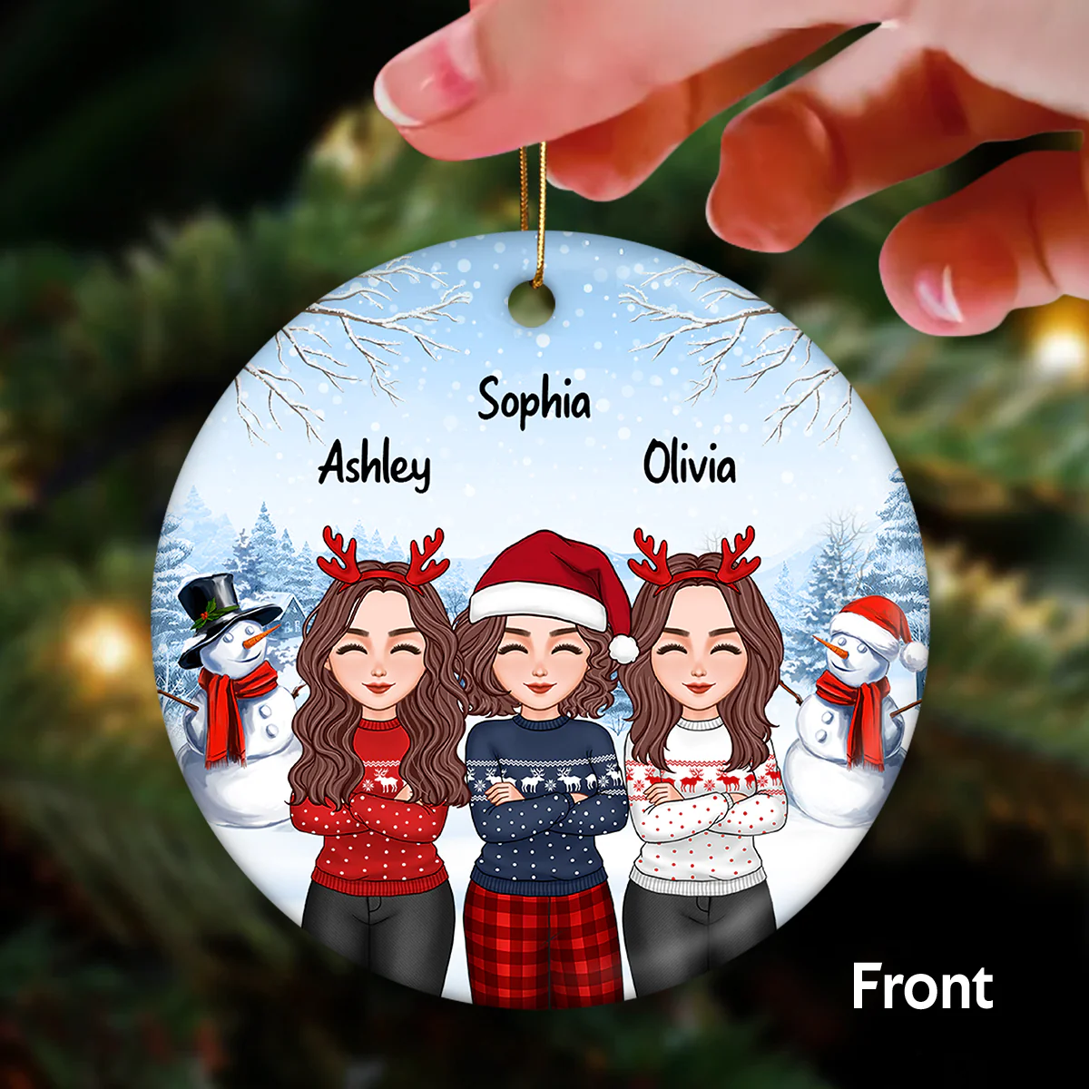 Christmas Besties Crossed Arms Sitting In Snow Personalized Double Sided Circle Ornament - Image 2