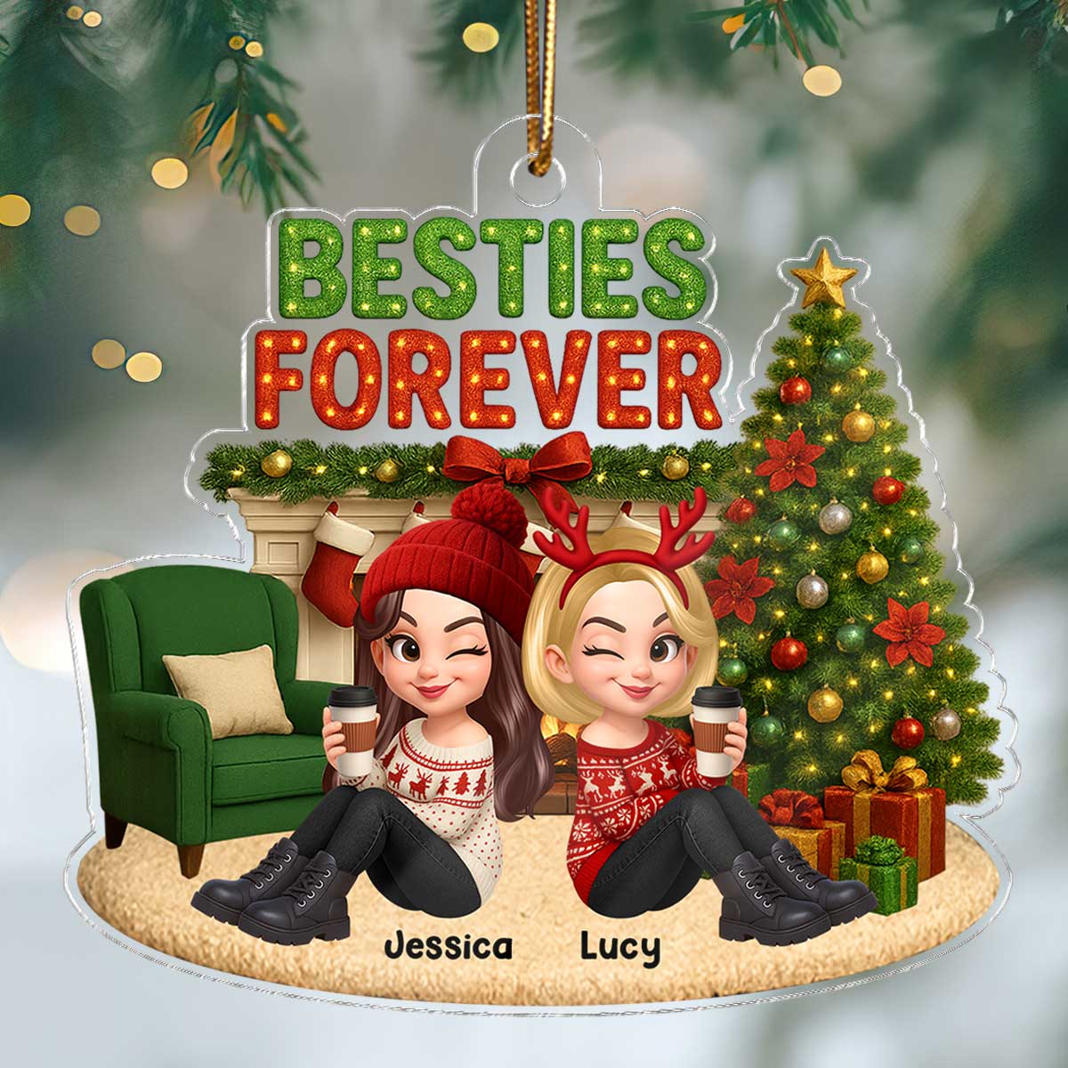 Christmas Besties Forever Cozy Fireplace - Personalized Acrylic Ornament - Gift For Best Friends - Image 2