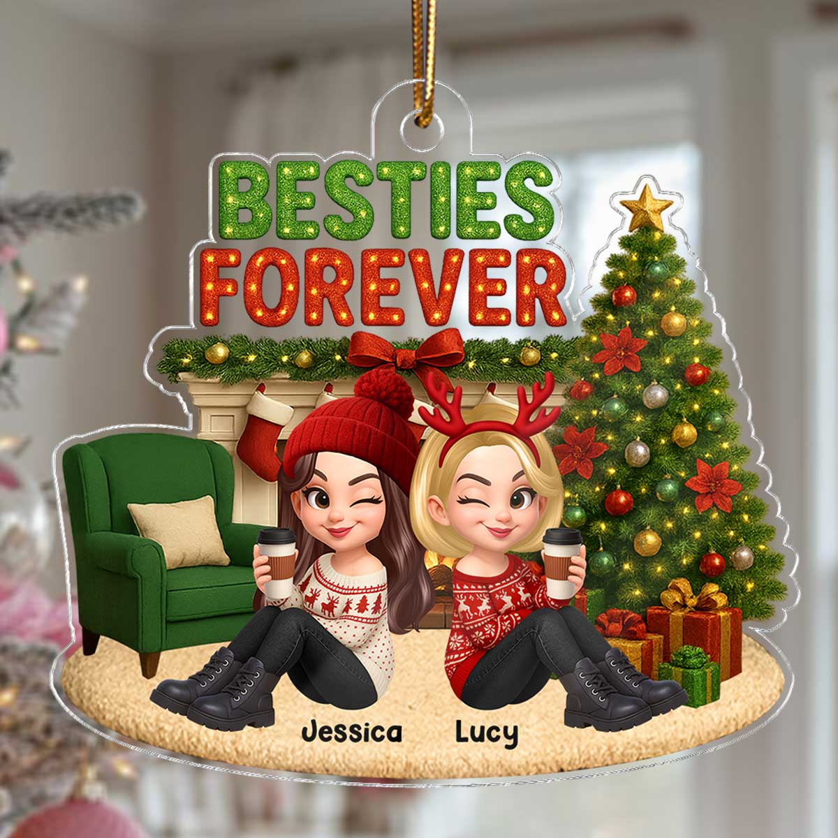 Christmas Besties Forever Cozy Fireplace - Personalized Acrylic Ornament - Gift For Best Friends - Image 3
