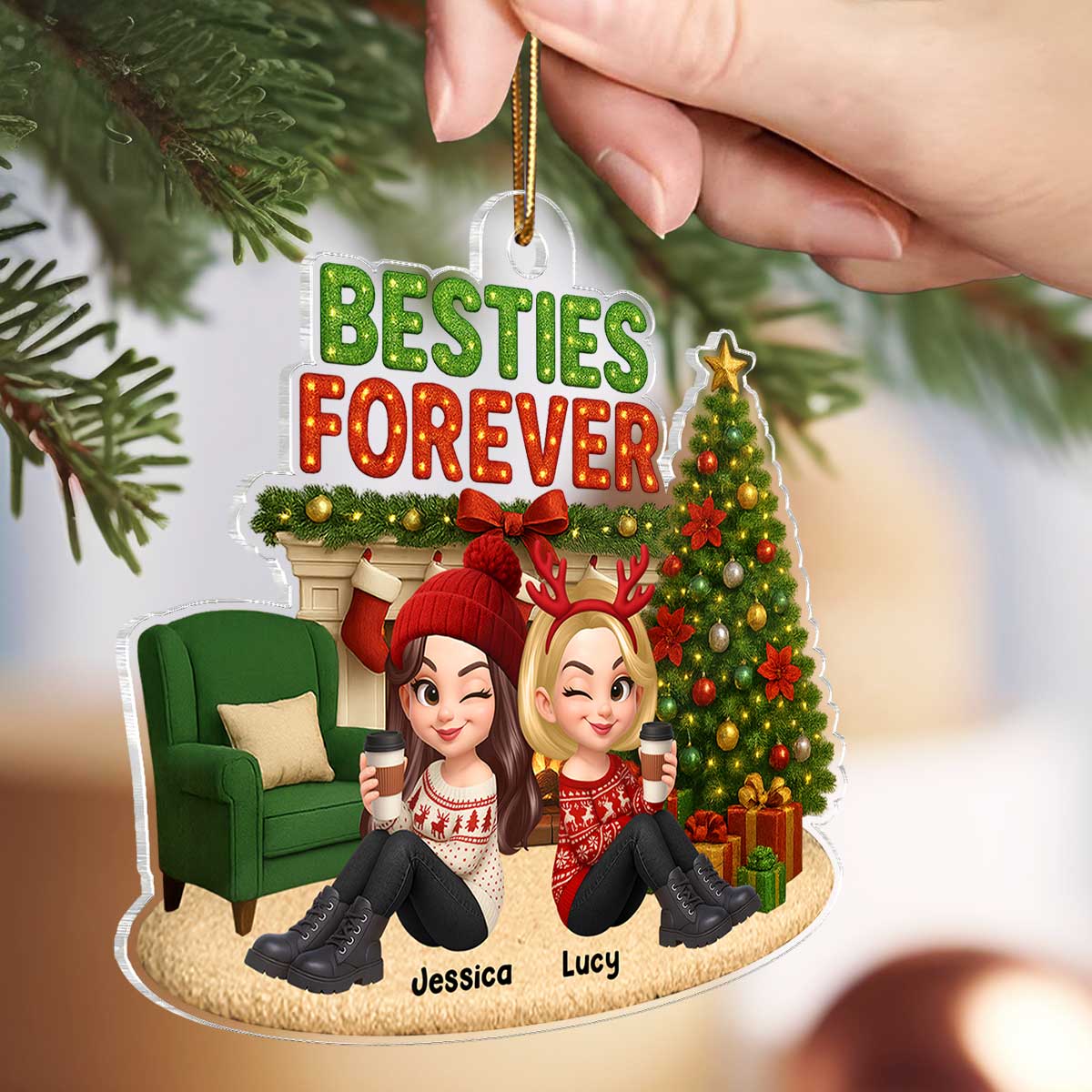 Christmas Besties Forever Cozy Fireplace - Personalized Acrylic Ornament - Gift For Best Friends - Image 4