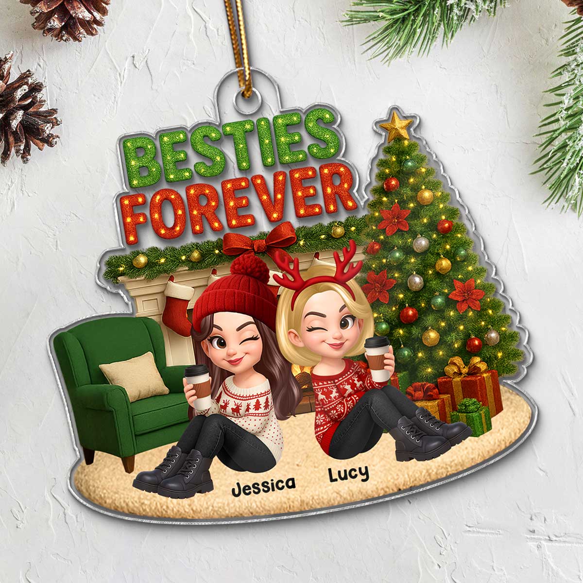 Christmas Besties Forever Cozy Fireplace - Personalized Acrylic Ornament - Gift For Best Friends - Image 5
