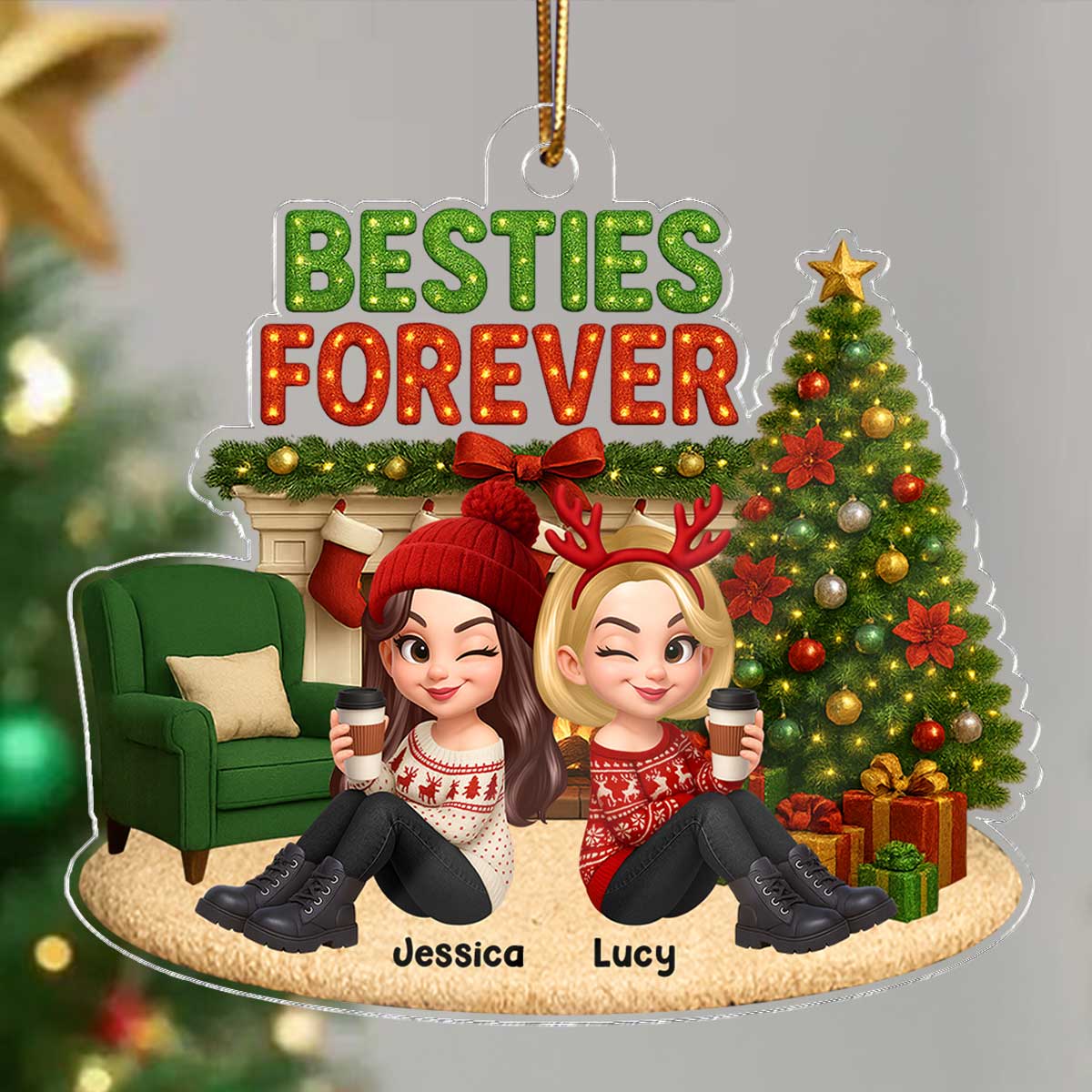 Christmas Besties Forever Cozy Fireplace - Personalized Acrylic Ornament - Gift For Best Friends - Image 6
