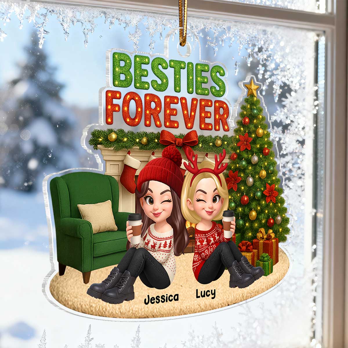 Christmas Besties Forever Cozy Fireplace - Personalized Acrylic Ornament - Gift For Best Friends - Image 7