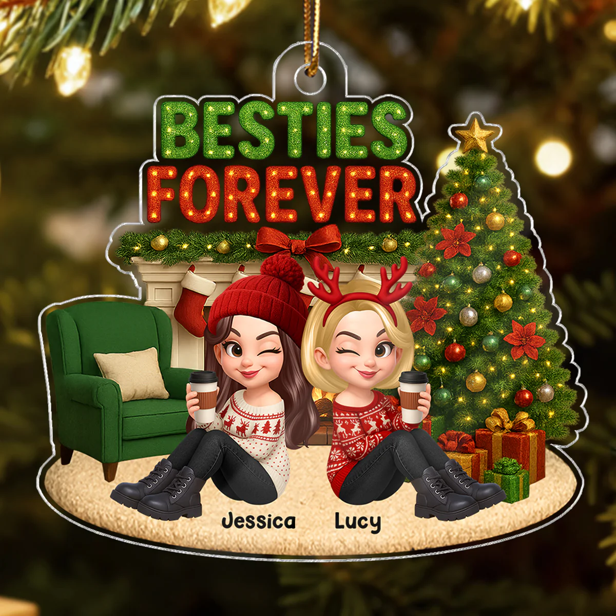Christmas Besties Forever Cozy Fireplace - Personalized Acrylic Ornament - Gift For Best Friends - Image 8