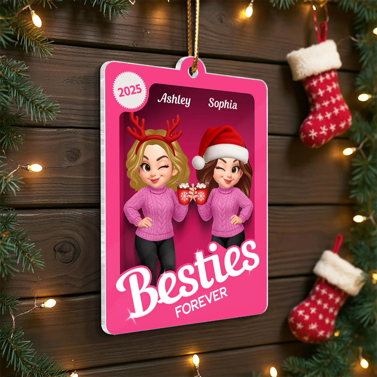 Christmas Besties Forever Pink 3D Effect Action Figure Personalized Acrylic Ornament - Image 7