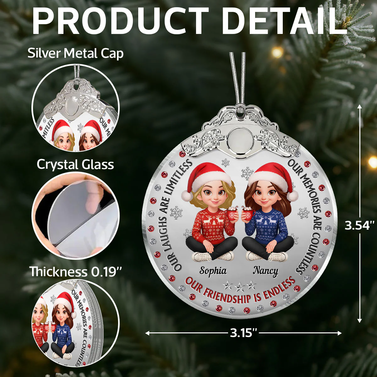 Christmas Besties Our Friendship Is Endless Metal Effect Texture - Personalized Glass Ornament With Silver Cap - Image 5
