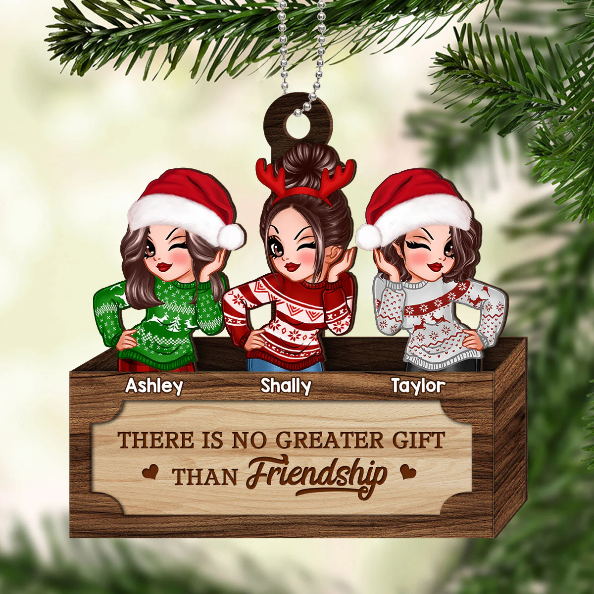 Christmas Besties Sister In Box Personalized 2-Layer Wooden Ornament - Image 2